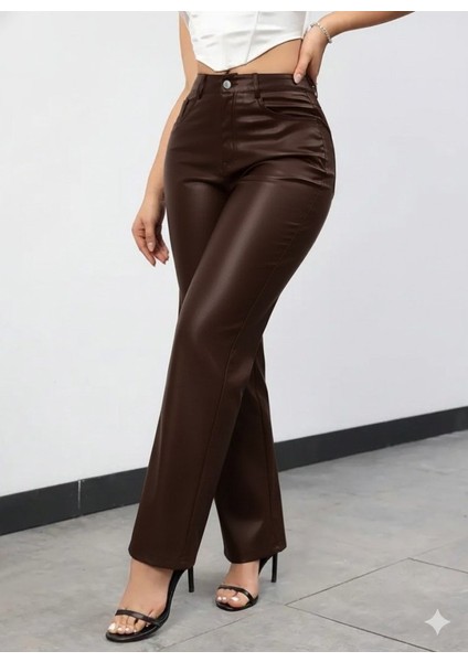 Ulak Handmader Kadın Yüksek Bel Cepli Deri Pantolon