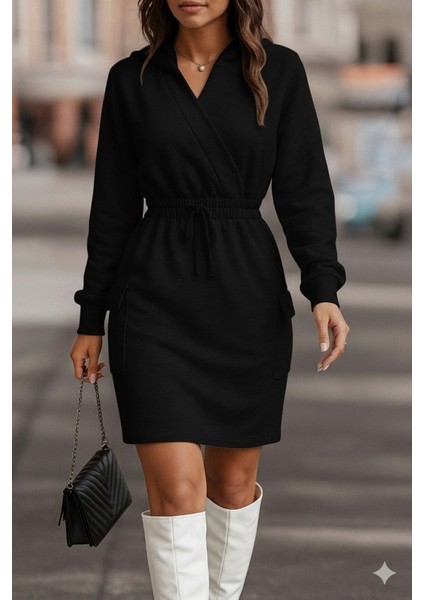 Ulak Handmader Kadın Uzun Kollu V Yakalı Kapşonlu Cep Detaylı Şardonlu Iki Iplik Kısa Elbise