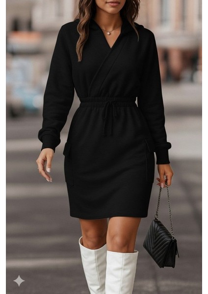 Ulak Handmader Kadın Uzun Kollu V Yakalı Kapşonlu Cep Detaylı Şardonlu Iki Iplik Kısa Elbise modelleri