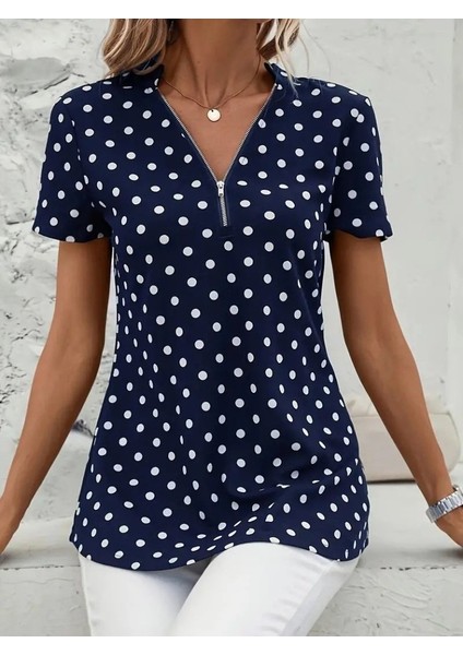 Ulak Handmader Kadın Kısa Kollu Yakadan Fermuarlı Puantiyeli Uzun Dokuma Viskon Bluz modelleri