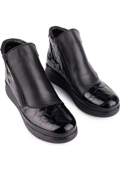Hakiki Deri Modern Ortopedik Fermuarlı Bot Siyah 1064