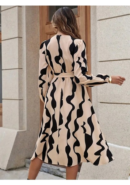 Ulak Handmader Kadın Uzun Kollu Bisiklet Yaka Belden Bağlamalı Desenli Belden Kuşaklı Mikro Süprem Midi Elbise indirimleri
