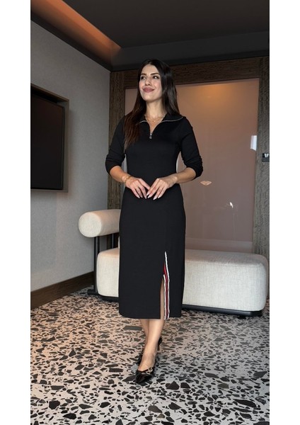 Ulak Handmader Kadın Uzun Kollu Balıkçı Yaka Önden Fermuarlı Yırtmaçlı Midi Viskon Iki Iplik Elbise