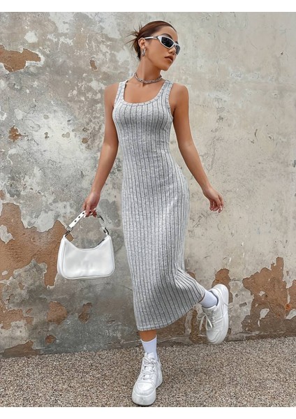 Ulak Handmader Kadın Kalın Askılı Kare Yaka Fitilli Kaşkorse Midi Boy Elbise