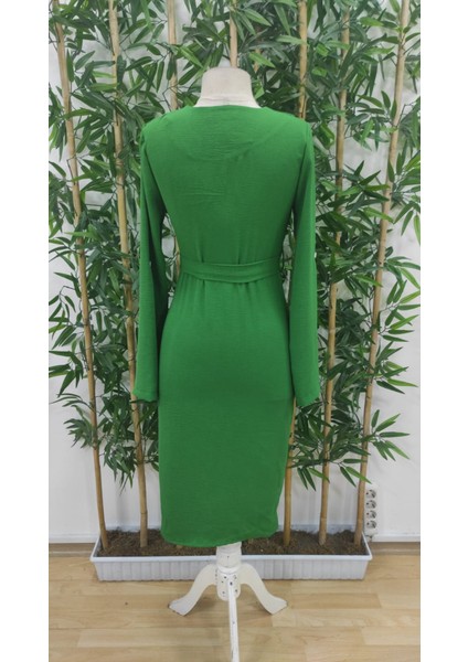 Ulak Handmader Kadın Uzun Kollu Önden Düğmeli Beli Kuşaklı Aerobin Midi Elbise