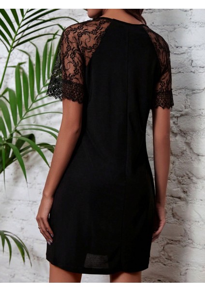 Ulak Handmader Kadın Dantelli Kısa Kollu Damla Yaka Krep Elbise