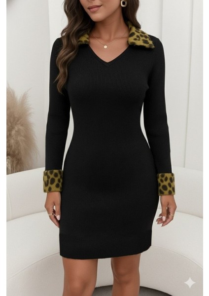 Ulak Handmader Kadın Uzun Kollu V Yakalı Kürk Detaylı Kaşkorse Elbise