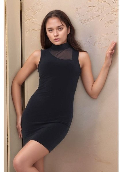 Ulak Handmader Kadın Yarım Balıkçı Yaka Tül Detaylı Sandy Kumaş Fırsat Ürün Diz Üstü Elbise