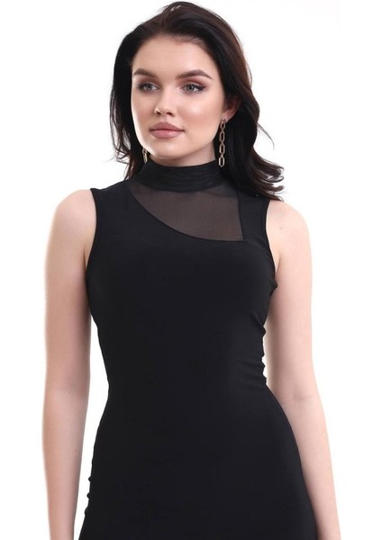 Ulak Handmader Kadın Yarım Balıkçı Yaka Tül Detaylı Sandy Kumaş Fırsat Ürün Diz Üstü Elbise