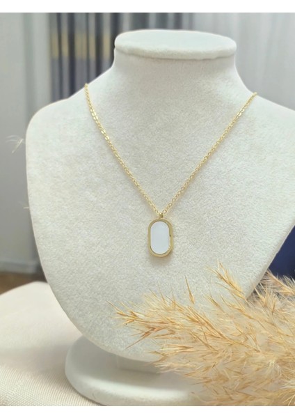 Sedefli Oval Çelik Gold Kolye