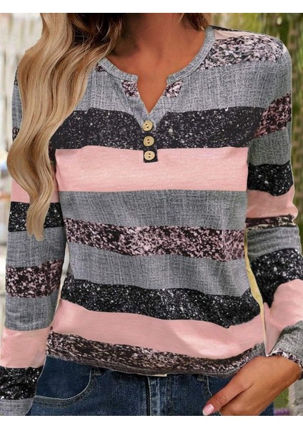 Ulak Handmader Kadın Uzun Kollu Yakadan Düğmeli Çizgili Desenli Süprem Bluz