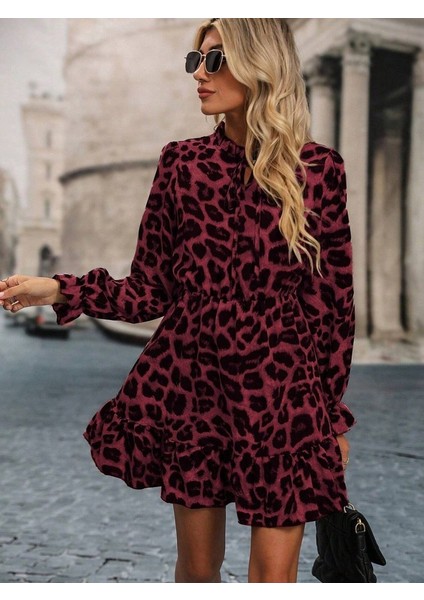 Ulak Handmader Kadın Uzun Kollu Yakadan Bağcıklı Modal Leopar Desenli Mini Elbise modelleri