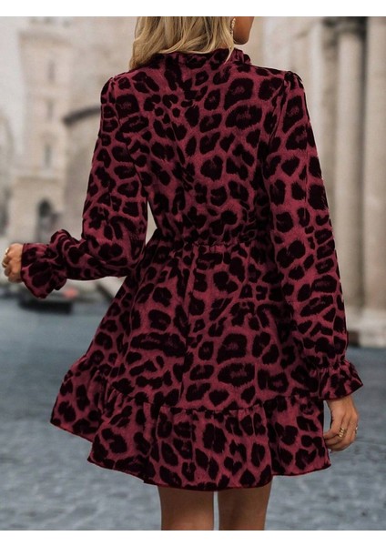 Ulak Handmader Kadın Uzun Kollu Yakadan Bağcıklı Modal Leopar Desenli Mini Elbise indirimleri