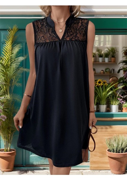 Ulak Handmader Kadın Kolsuz V Hakim Yaka Dantelli Janjan Krep Elbise indirimleri