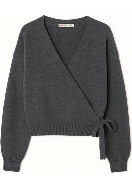 6959 Kadın Fiyonklu Triko Hırka Antrasit