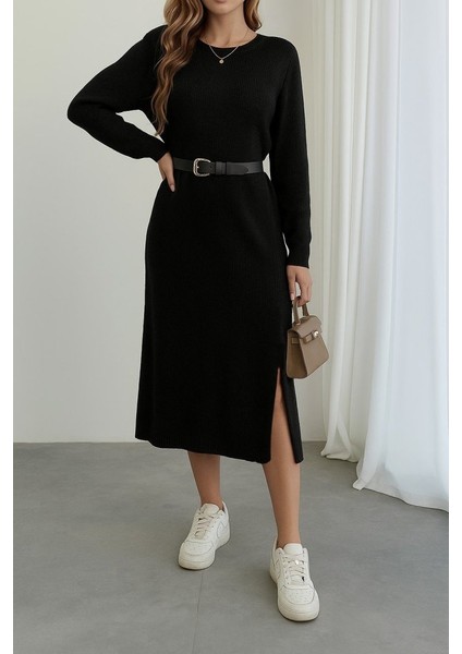 Ulak Handmader Kadın Uzun Kollu Bisiklet Yaka Yandan Yırtmaçlı Midi Triko Elbise