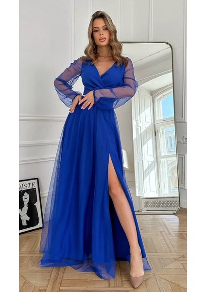 Ulak Handmader Kadın Uzun Kollu Kruvaze Yakalı Belden Kuşaklı Tüllü Uzun Ithal Krep Elbise modelleri