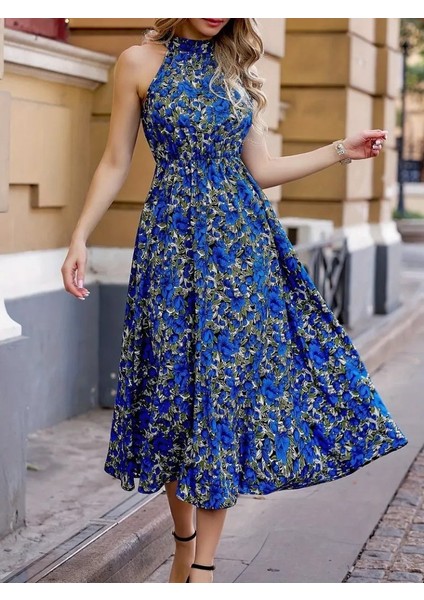 Ulak Handmader Kadın Omuzlardan Açık Daire Yaka Desenli Maxi Süprem Elbise