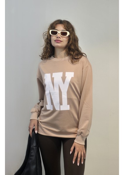 Kadın Bisiklet Yaka Baskılı Uzun Kollu Oversize Sweatshirt