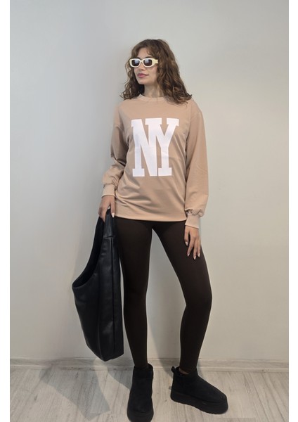 Kadın Bisiklet Yaka Baskılı Uzun Kollu Oversize Sweatshirt fiyatları