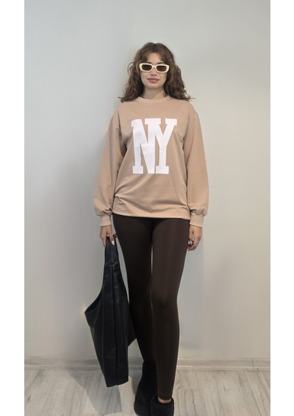 Kadın Bisiklet Yaka Baskılı Uzun Kollu Oversize Sweatshirt modelleri