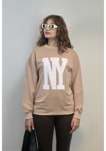 Kadın Bisiklet Yaka Baskılı Uzun Kollu Oversize Sweatshirt fırsatları