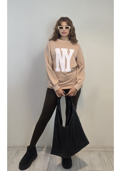 Kadın Bisiklet Yaka Baskılı Uzun Kollu Oversize Sweatshirt indirimleri