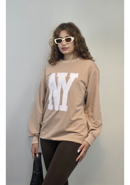 Kadın Bisiklet Yaka Baskılı Uzun Kollu Oversize Sweatshirt