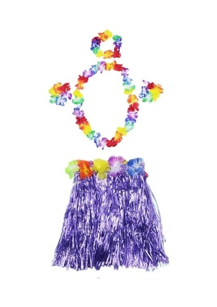 Havaii Kolye Etek Taç ve Bileklik Seti Mor