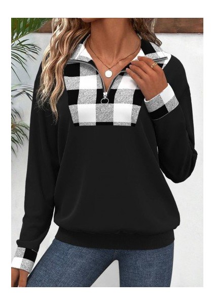 Ulak Handmader Kadın Uzun Kollu Yakalı Önden Fermuarlı Ekose Detaylı Viskon Iki Iplik Bluz