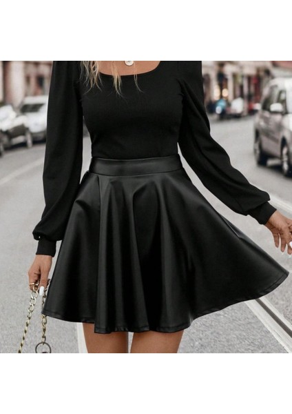 Ulak Handmader Kadın Uzun Kollu Kare Yaka Üst Viskon Alt Deri Mini Elbise