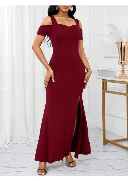 Ulak Handmader Kadın Omuzlardan Açık Askılı Yırtmaç Detaylı Uzun Ithal Krep Elbise indirimleri