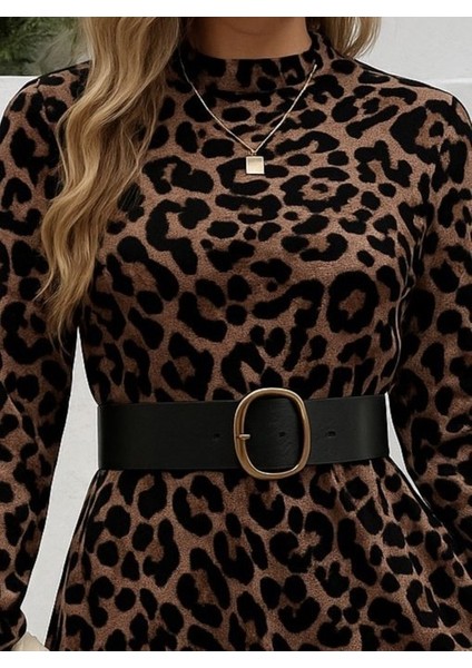 Ulak Handmader Kadın Uzun Kollu Yarı Balıkçı Yaka Leopar Desenli Kadife Elbise fiyatları