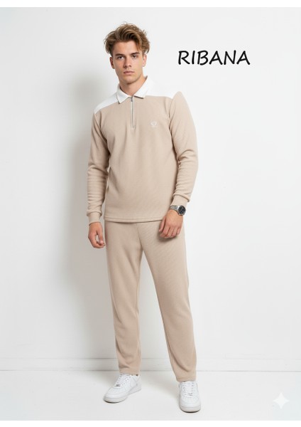 Unısex Baskılı Cepli Beli Lastikli Fermuarlı Gömlek Yaka Alt-Üst 2'li Takım