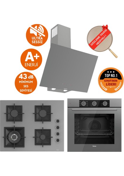 Fryart&silentart Evma/ Sessiz Antrasit Gri Ankastre Set (D079-SA + QXE62CPR + SC408-WFA Wok)