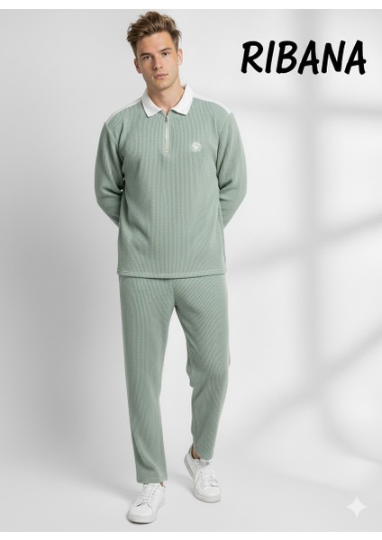 Unısex Baskılı Cepli Beli Lastikli Fermuarlı Gömlek Yaka Alt-Üst 2'li Takım