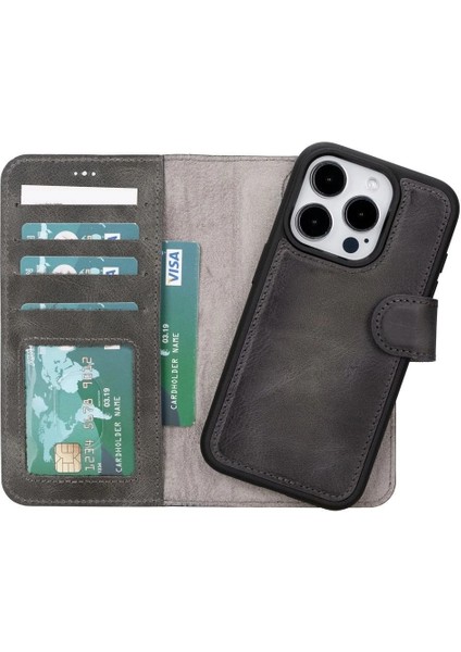 Apple iPhone 15 Pro Uyumlu Deri Cüzdanlı Kılıf Mwwn VS4EF Gri indirimleri