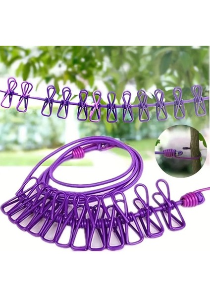 Taşınabilir Seyahat Çamaşır Ipi 12 Mandallı Klipsli Lastikli Çamaşır Mandalları