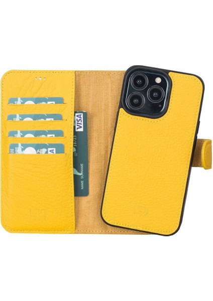Apple iPhone 13 Pro Uyumlu Deri Cüzdanlı Kılıf Limon Sarı