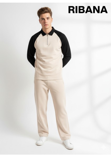 Unısex Baskılı Cepli Beli Lastikli Fermuarlı Gömlek Yaka Alt-Üst 2'li Takım