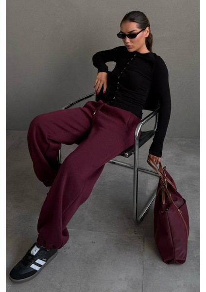 Bordo Geniş Paça Rahat Kalıp Lastikli Eşofman Altı MG2581 fırsatları