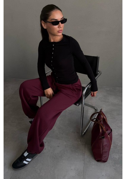 Bordo Geniş Paça Rahat Kalıp Lastikli Eşofman Altı MG2581 indirimleri