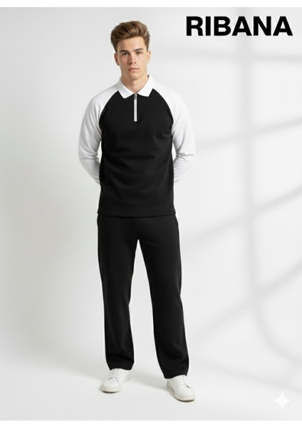 Unısex Baskılı Cepli Beli Lastikli Fermuarlı Gömlek Yaka Alt-Üst 2'li Takım