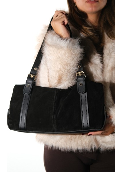 Nerına Siyah Süet Hakiki Deri Kadın Kol Çantası