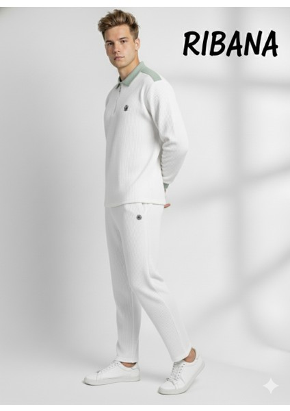 Unısex Baskılı Cepli Beli Lastikli Fermuarlı Gömlek Yaka Alt-Üst 2'li Takım