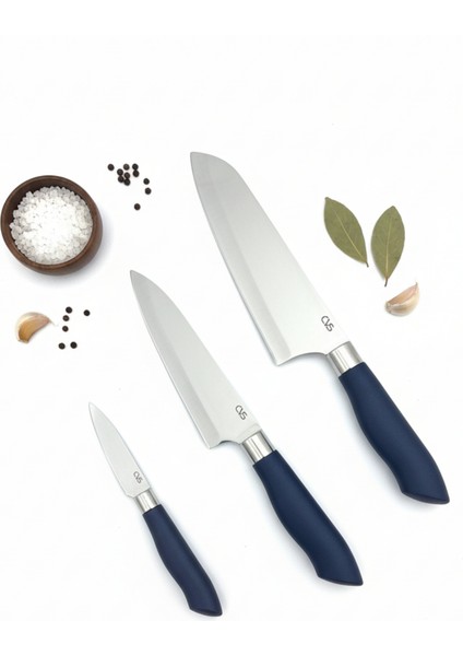 Sürmene Doğrama Lacivert Baba Şef Paslanmaz Çelik Bıçak Seti (3lü)