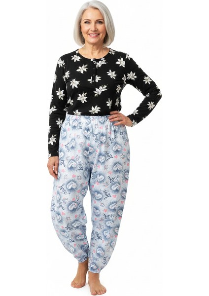 Kadın Kışlık Kadın Anne Içlik Pijama Altı %100 Pamuk Içi Miflonlu Klasik Beli Lastikli Rahat