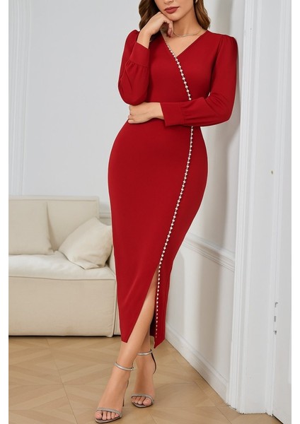 Ulak Handmader Kadın Uzun Kollu V Yakalı Yırtmaçlı Taşlı Uzun Ithal Krep Elbise