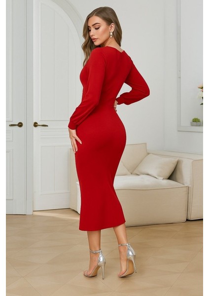 Ulak Handmader Kadın Uzun Kollu V Yakalı Yırtmaçlı Taşlı Uzun Ithal Krep Elbise fırsatları