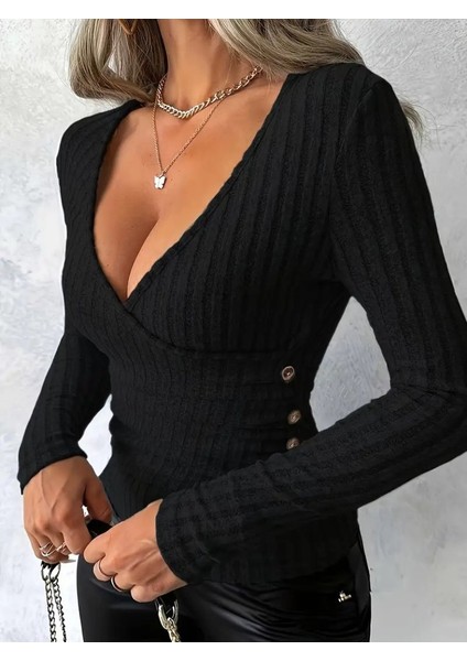 Ulak Handmader Kadın Uzun Kollu Kruvaze Yaka Yandan Düğme Detaylı Şardonlu Kaşkorse Bluz